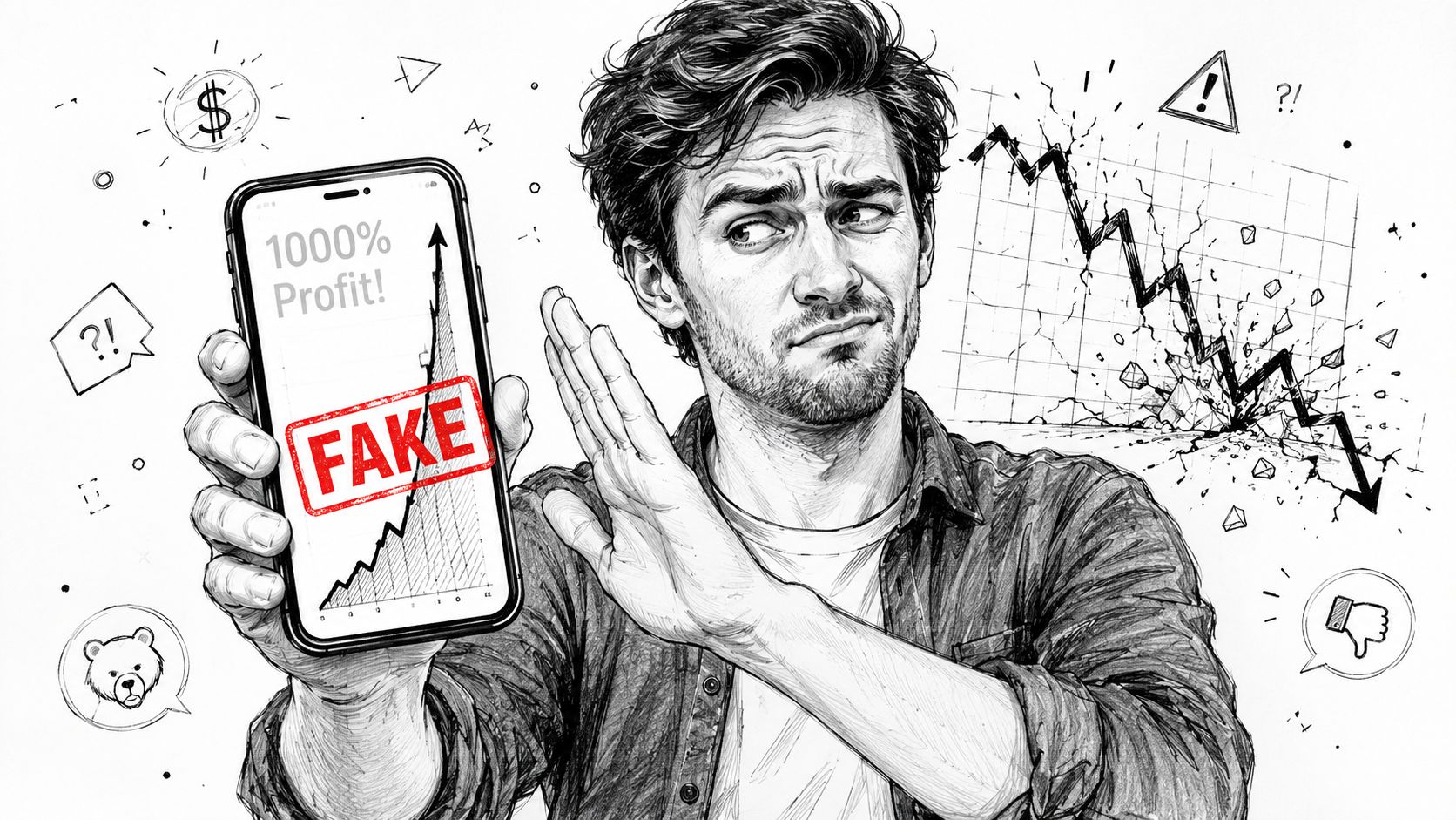 A man gestures to stop, rejecting a smartphone displaying a fake 1000 percent profit trading chart.