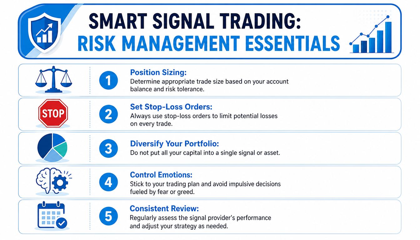 An infographic titled Smart Signal Trading outlining five essential risk management steps for successful financial trading.