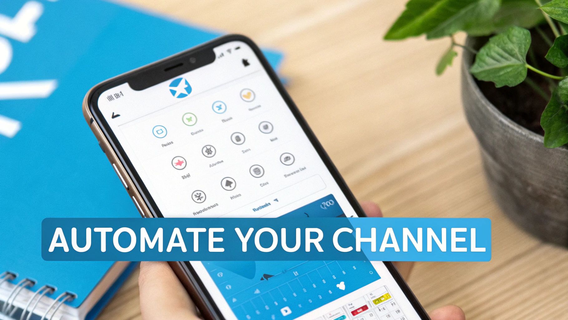 Person holding a smartphone displaying an app with various icons and a 'Automate Your Channel' banner.