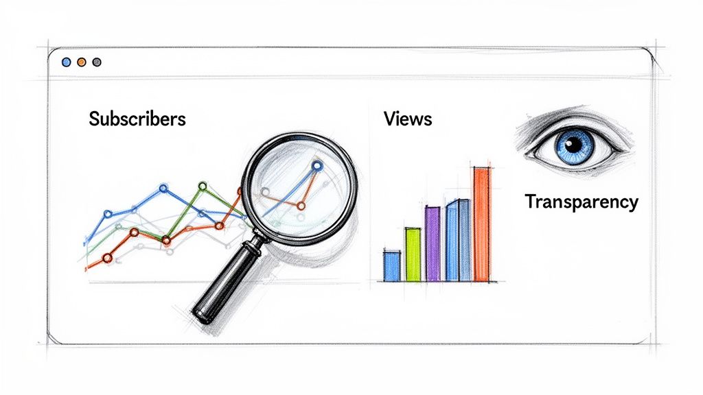 A sketched illustration featuring a magnifying glass over subscriber line charts, a bar graph for views, and an eye symbol representing transparency.