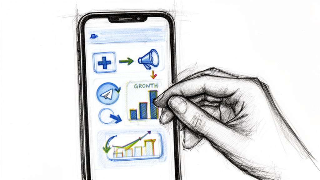 A hand interacting with a sketch of a smartphone showing Telegram channel growth analytics on screen.