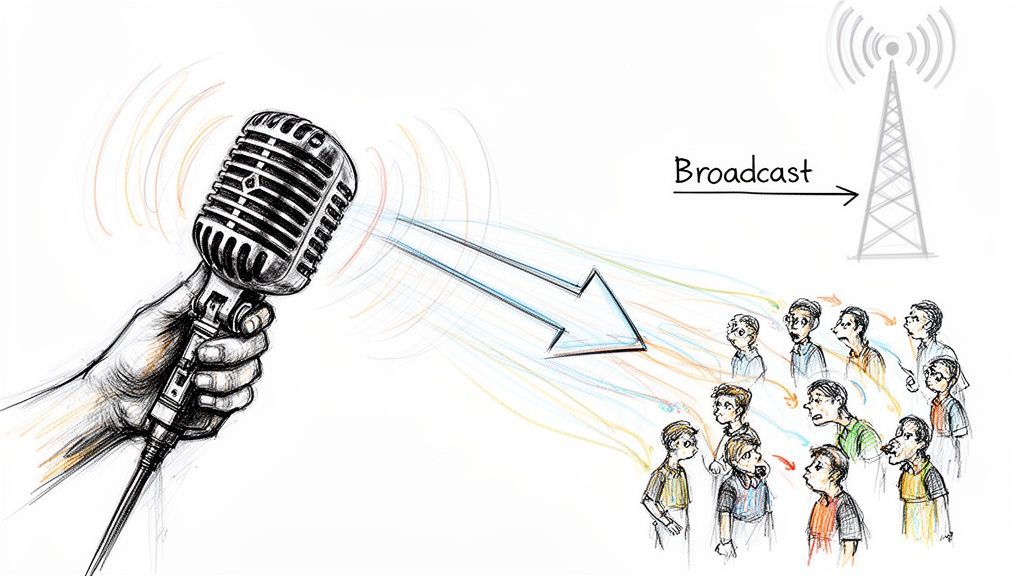 A hand holding a microphone broadcasting information to a group of people via radio tower signals.