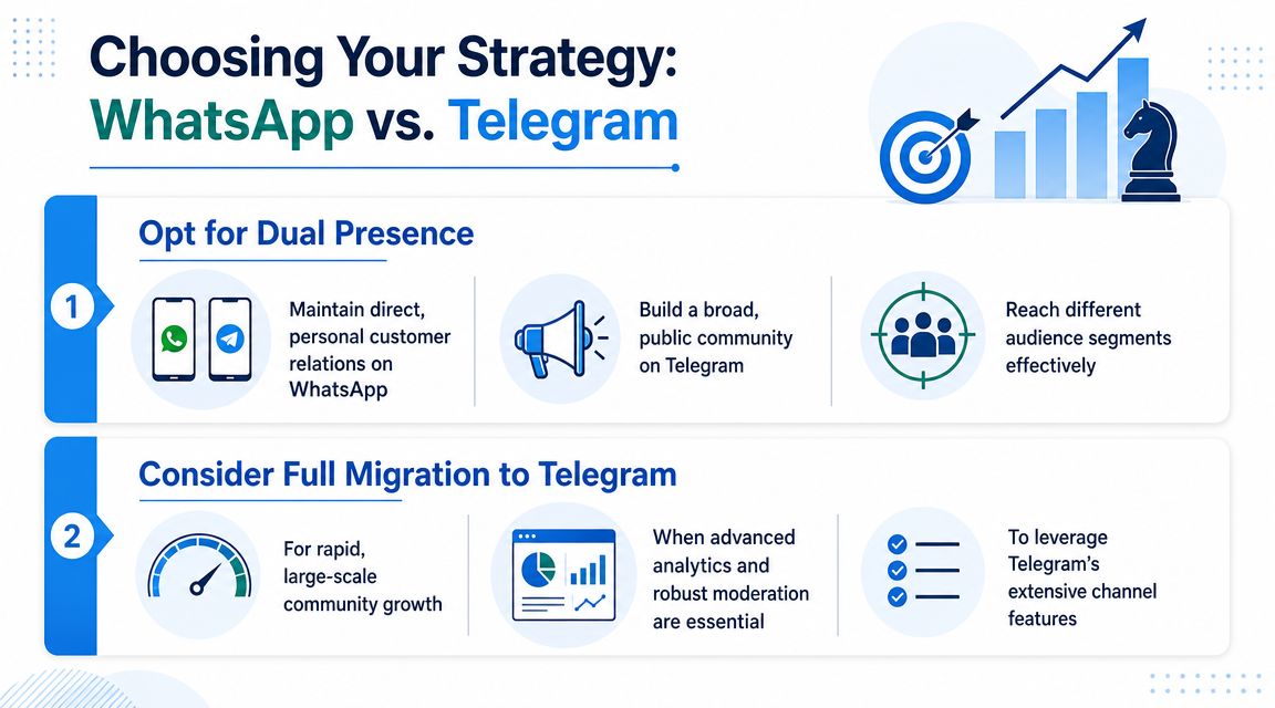 An infographic comparing WhatsApp and Telegram strategies, detailing dual presence versus full migration for business communications.
