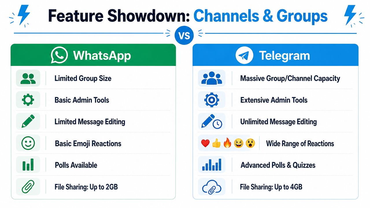 A comparison chart showing features between WhatsApp and Telegram messenger platforms for groups and channels.