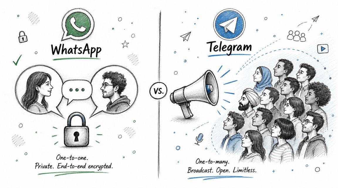 A conceptual drawing comparing the private one-to-one communication of WhatsApp with the public broadcast features of Telegram.