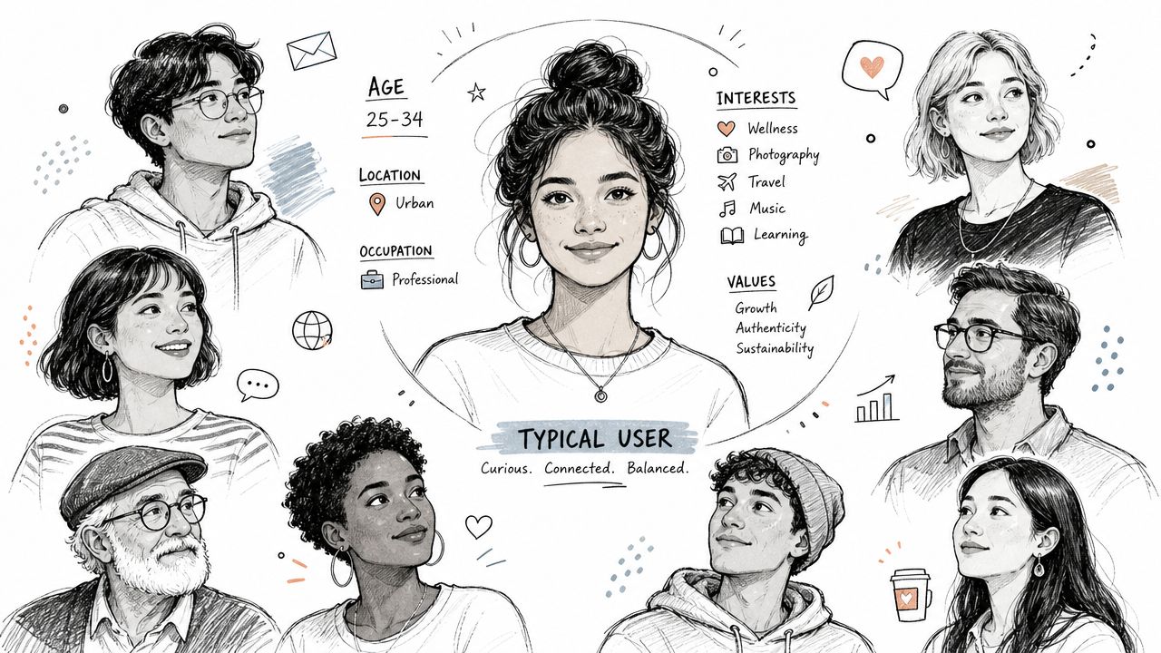 A diverse group of illustrated people representing a typical user profile with demographic and interest details.