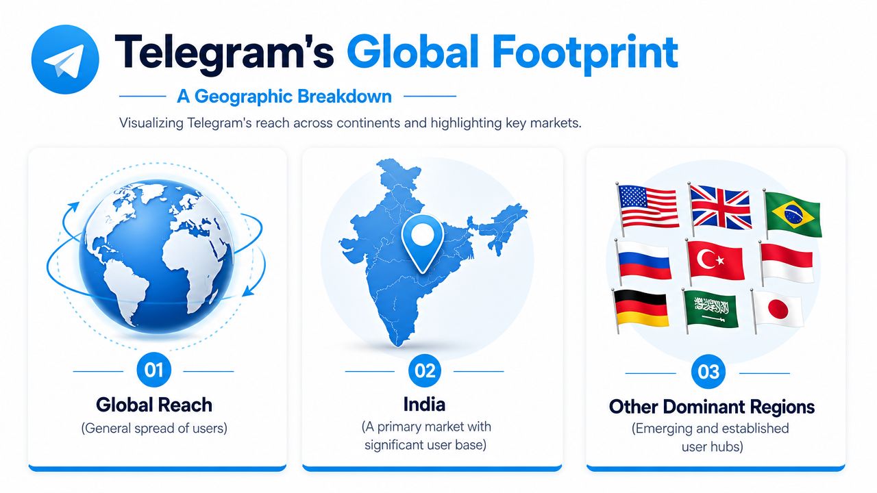 An infographic titled Telegram's Global Footprint showing a globe, India, and various national flags of key markets.