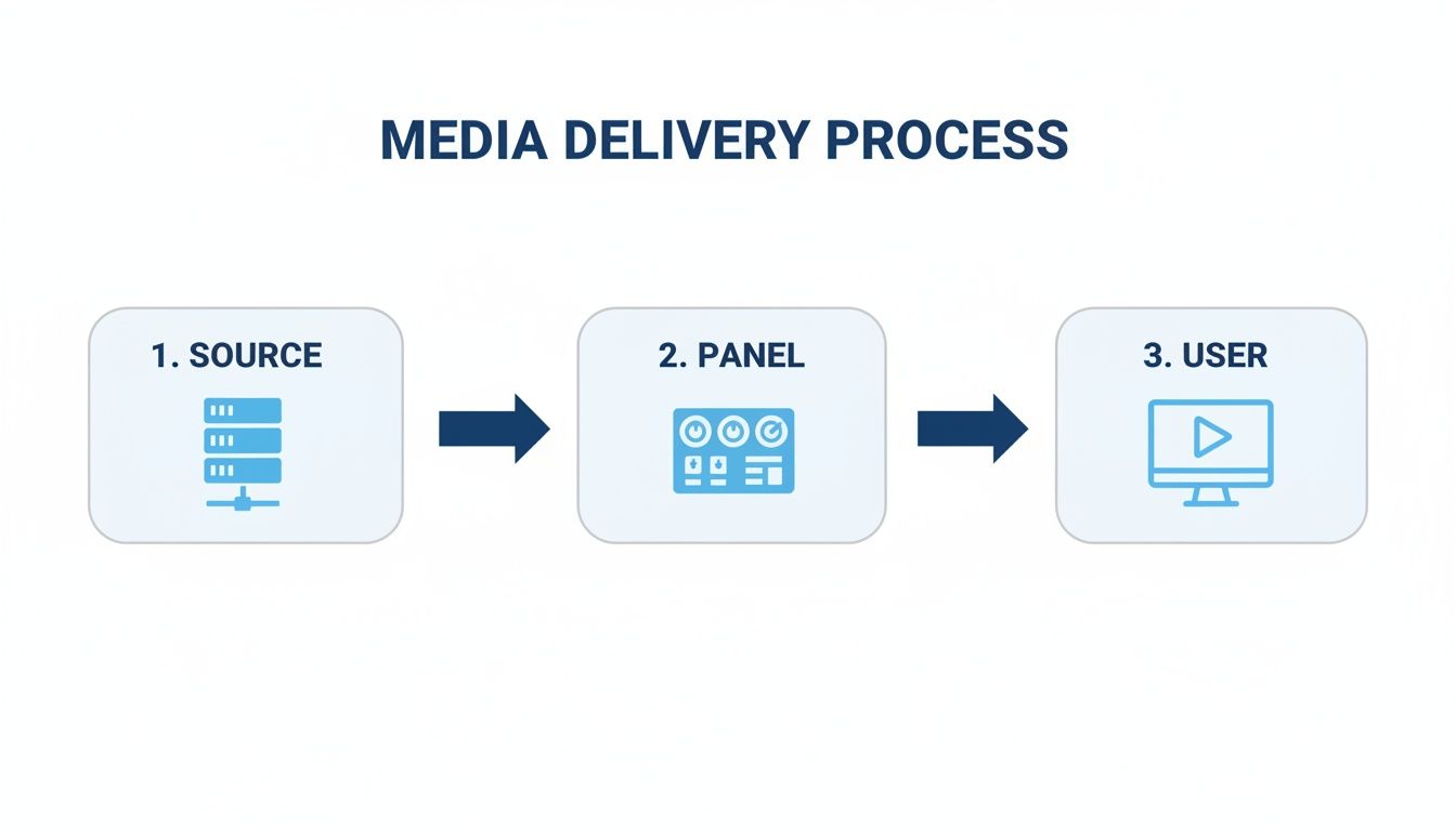 Diagram illustrating the media delivery process, showing content flow from a source server to a user via a control panel.