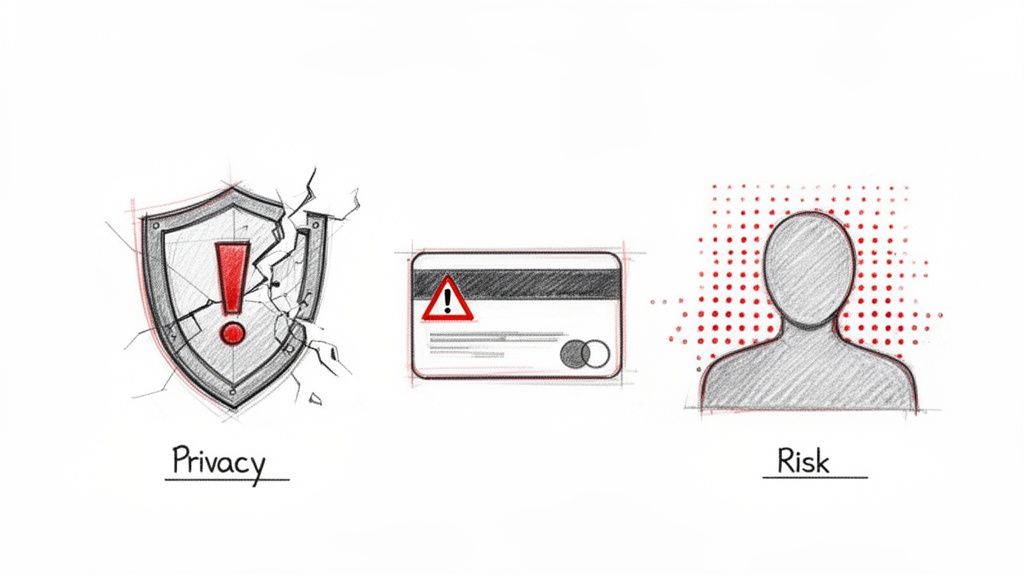 Sketched icons depicting a broken shield labeled 'Privacy', a credit card with a warning, and a person indicating 'Risk'.