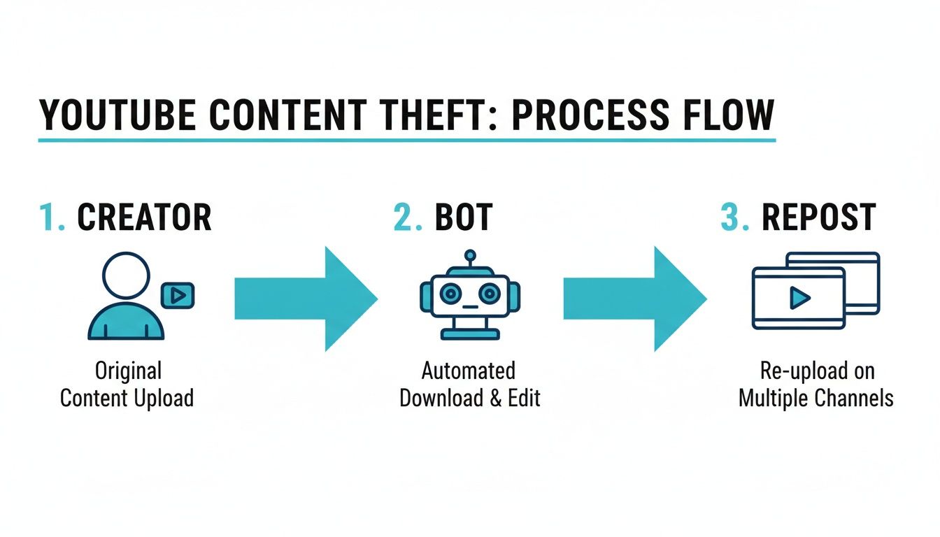 A diagram illustrating the YouTube content theft process flow: creator uploads, bot downloads and edits, then reposts on multiple channels.