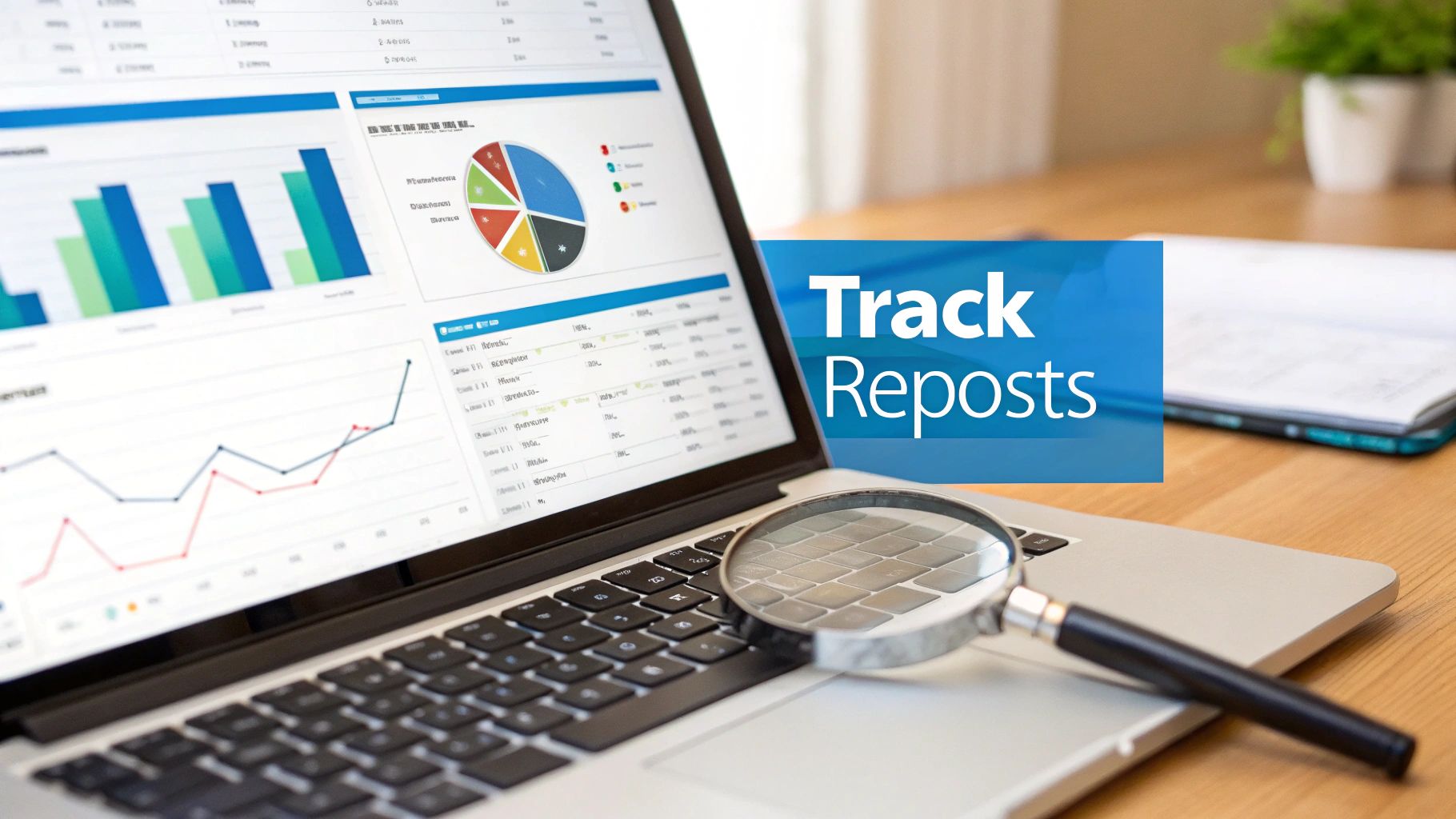 A laptop screen shows analytics charts and graphs with a magnifying glass and 'Track Reposts' overlay.