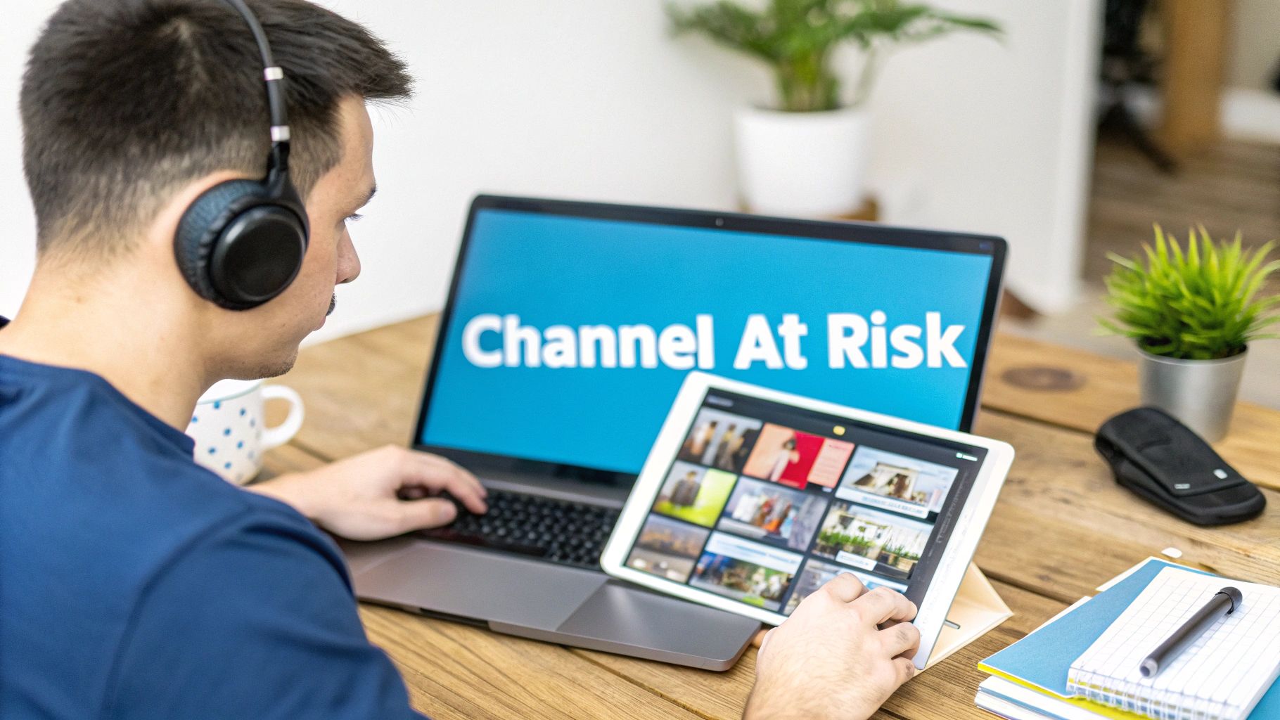 A man wearing headphones works on a laptop showing "Channel At Risk" and an iPad with video thumbnails.