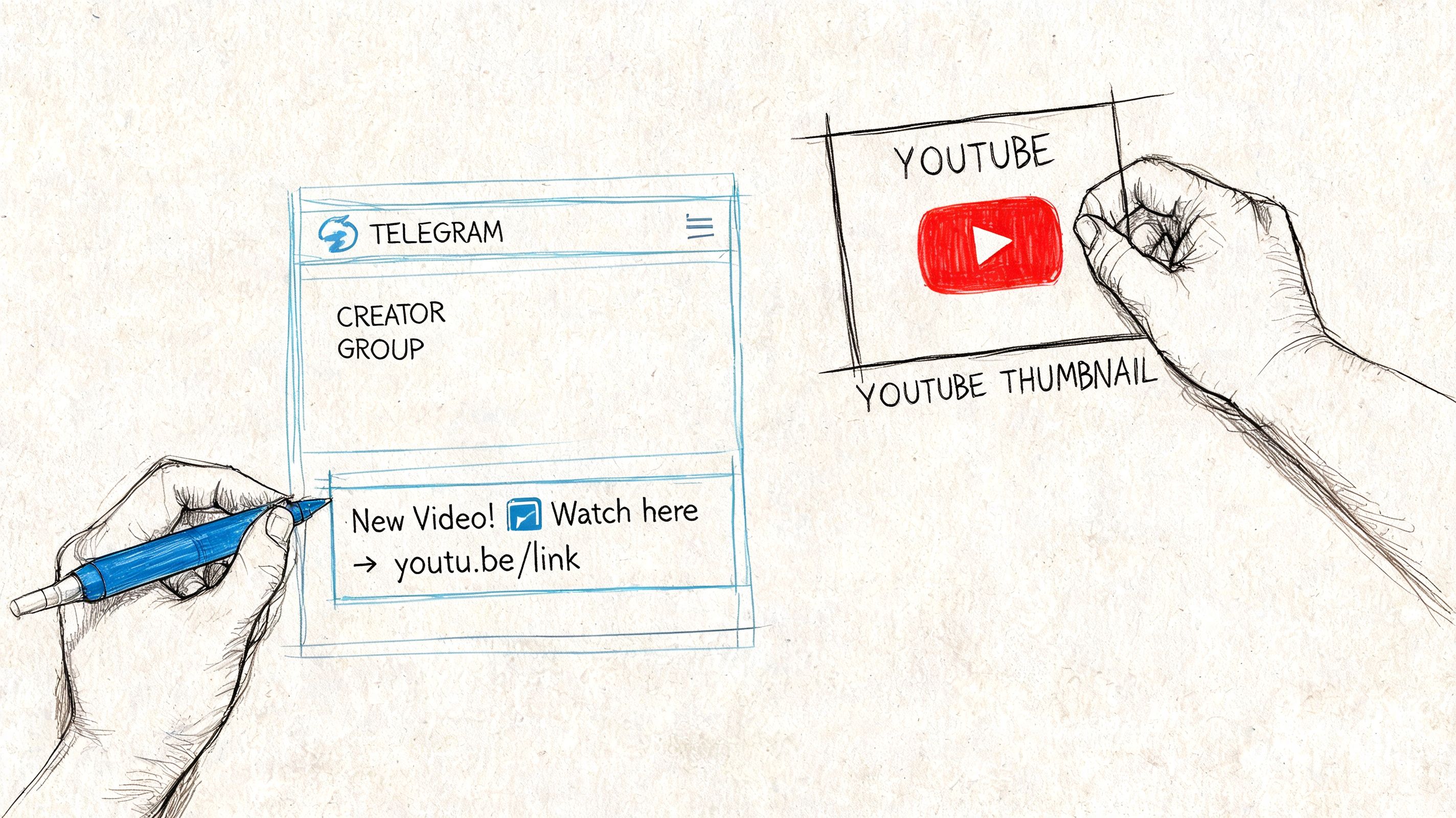 A hand-drawn illustration depicting a YouTube link being shared within a Telegram group chat interface.
